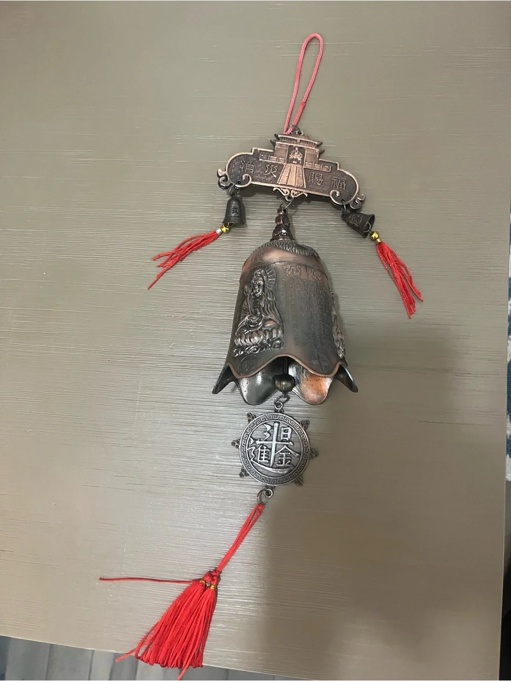 Decorative Brass Temple Bell Wall Hanging with Red Tassels